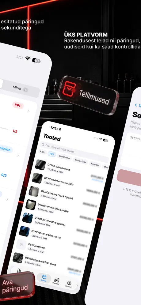 STEK Installer mobiilirakenduse päringute, toodete ja tellimuste vaated