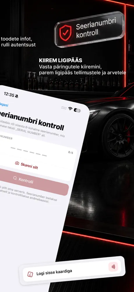STEK Installer mobiilirakenduse seerianumbri kontroll ja kaardiga sisselogimine
